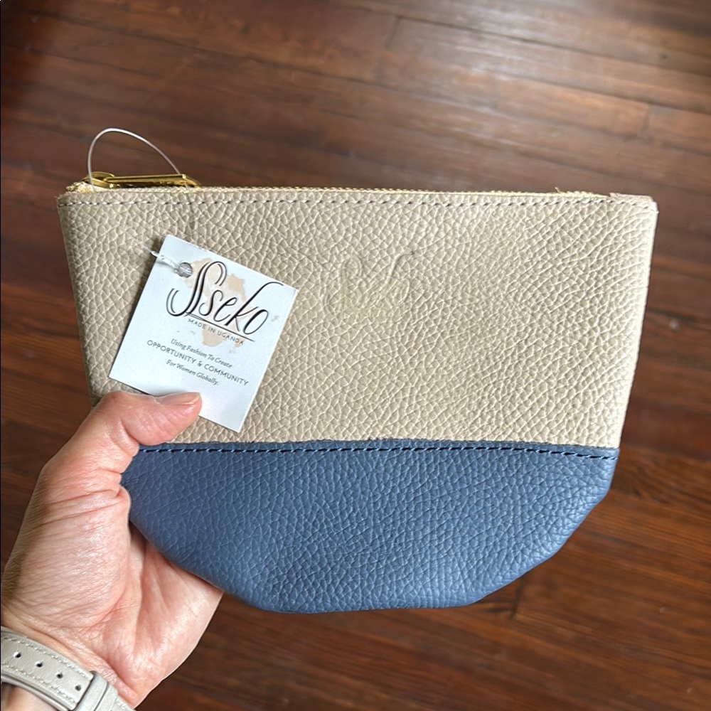 Sseko Cream and Blue Leather Clutch